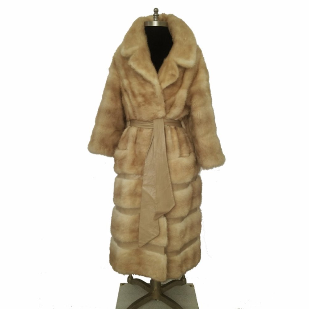Vtg 60s Blond Mink Leather Belted Coat S/XS